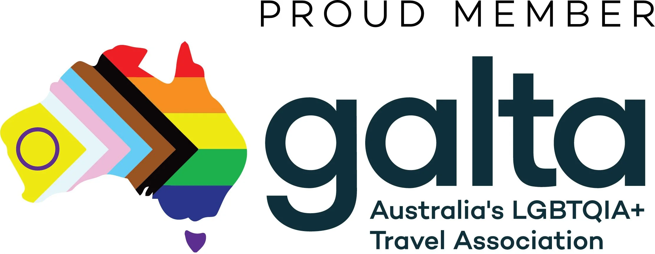 Logo of the Pride Australia LGBTQ+ travel organization, featuring a stylized map of Australia filled with rainbow stripes and a circle border, alongside the text 'PROUD MEMBER' above 'dalt' and the full name 'Australia's LGBTQ+ Travel Association' below.