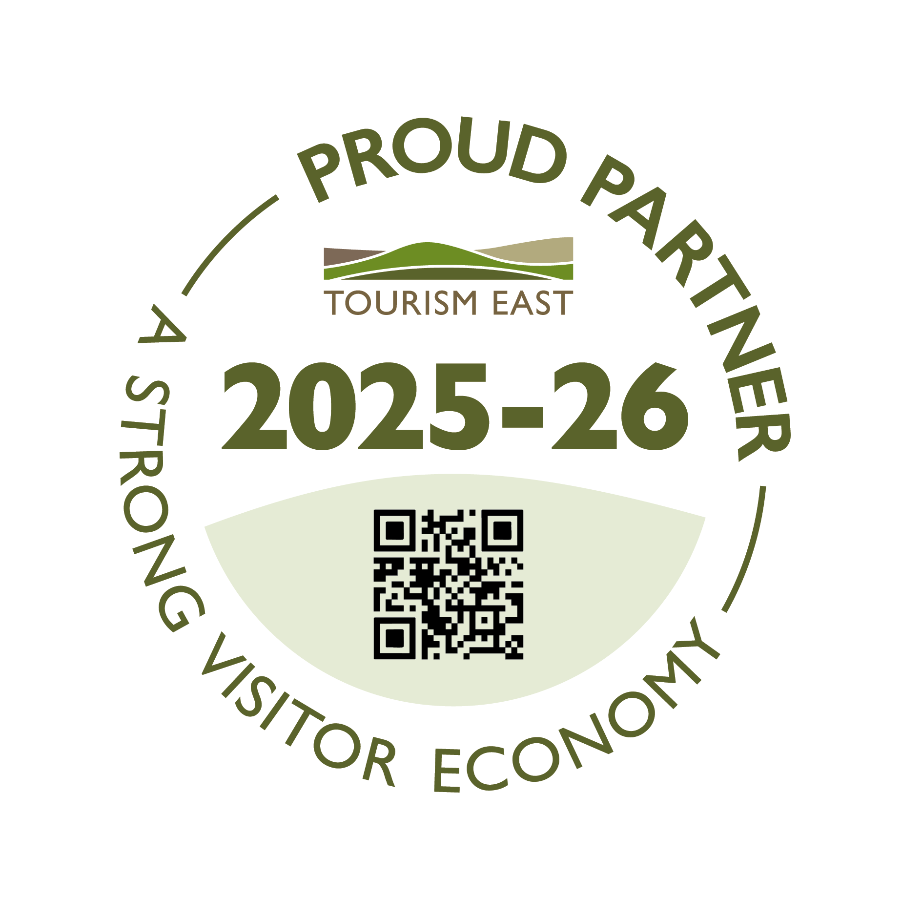 Circular badge with green and beige text that reads 'A Proud Partnership for Ecoin' and includes a QR code in the center, with the logo and text 'Tourism East' at the top