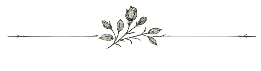 Elegant illustration featuring a black box with a rosebud and leaves emerging from the top center, decorative gold and purple accents, and a banner with space for text on the right.
