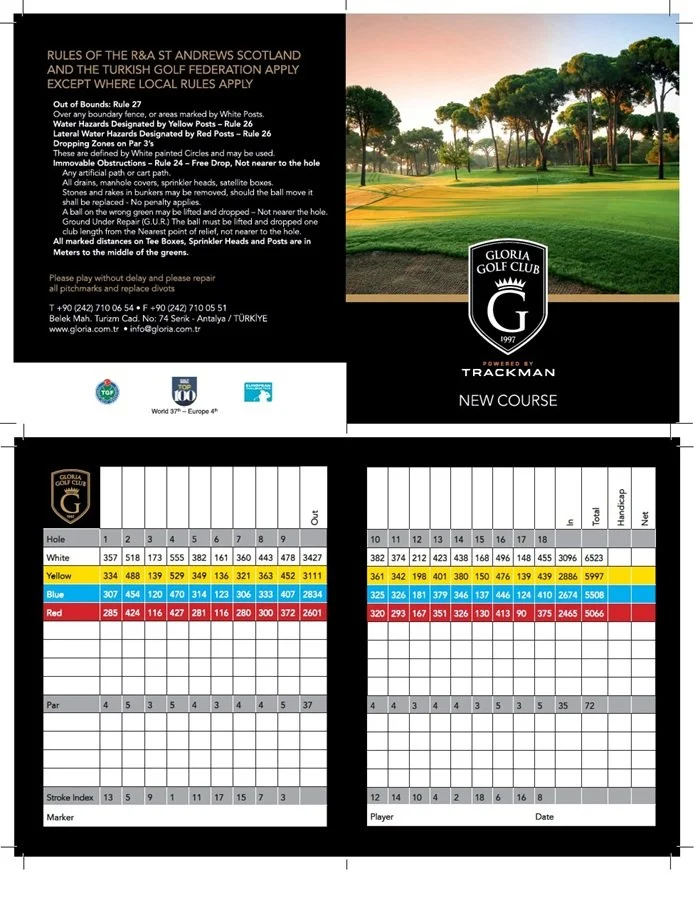 Gloria Golf Club - Belek - New Course Scorecard