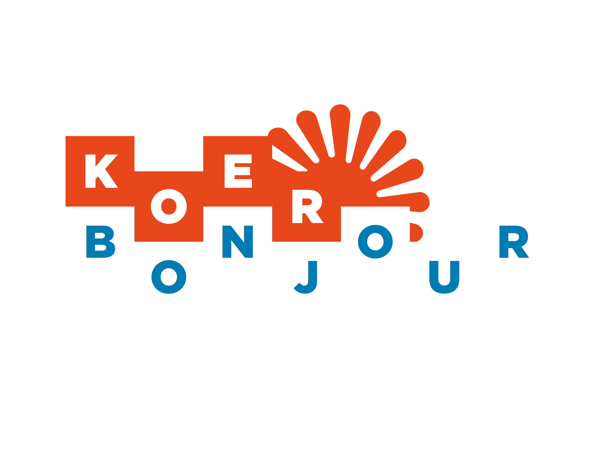 Logo van Koer Bonjour met blokletters in rood, wit en blauw en een oranje zon.