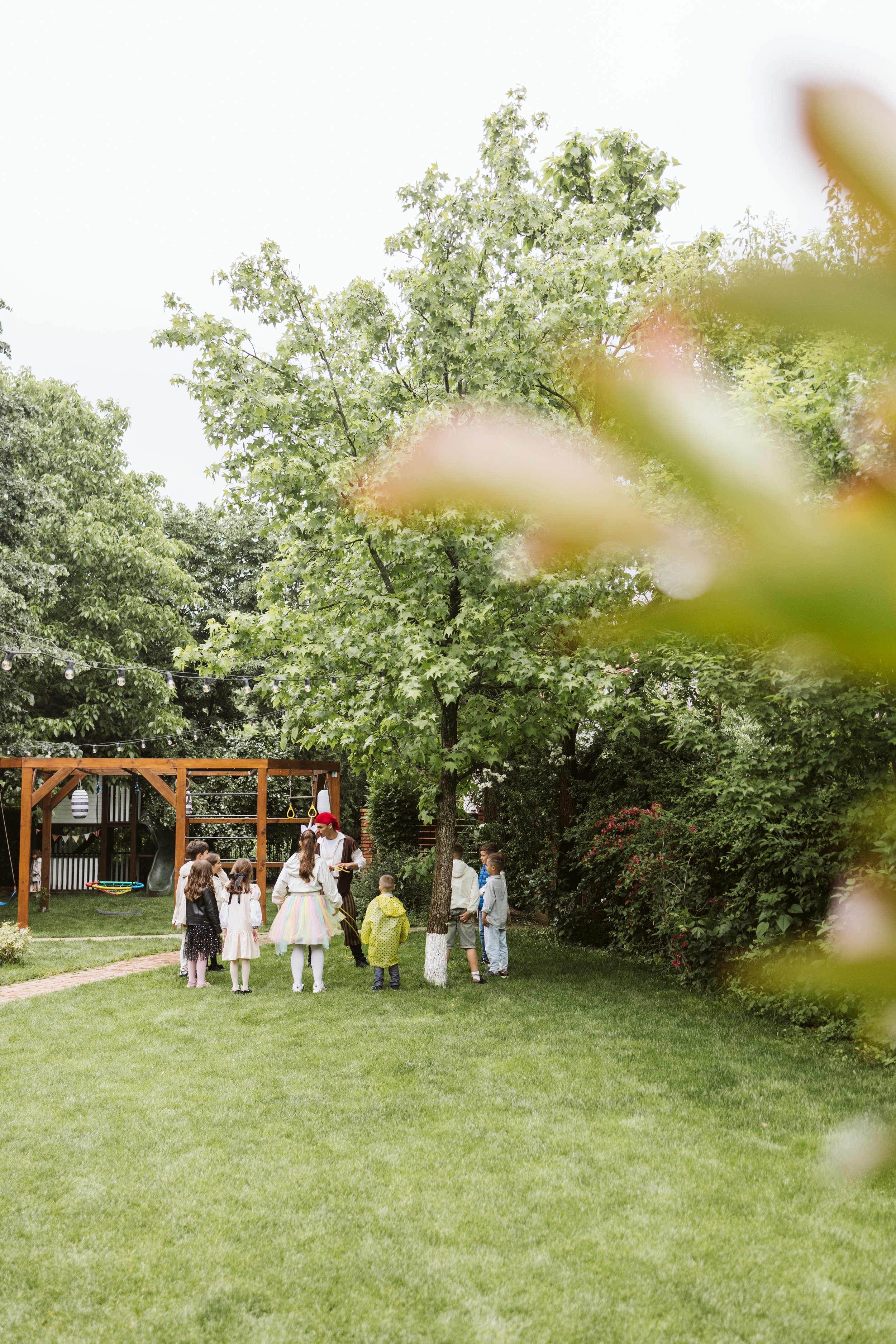 Children gathering in a backyard with green grass, trees, and a wooden playset, under a cloudy sky.