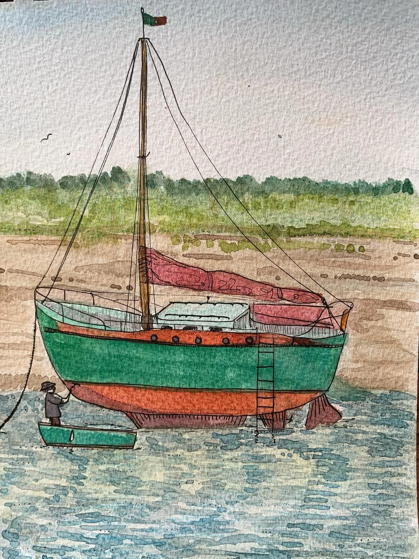 I saw a man painting his boat whilst being on a smaller boat and immediately needed to paint it ⚓️ 
I simplified the background for this painting so the man and his hair can shine ✨ 

#watercolour #illustration #observational #boat #man #summer
