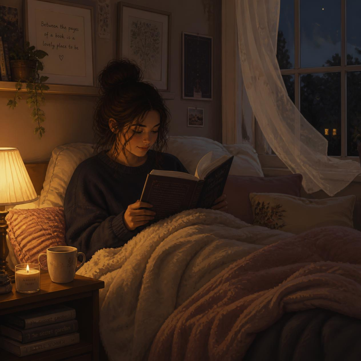 Person reading a book in a comfortable bedroom before bedtime