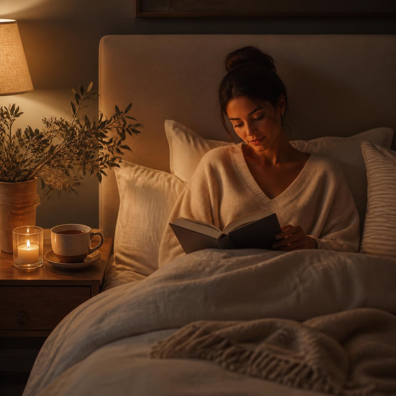 Peaceful bedroom with book and soft bedside lighting for a relaxing nighttime routine