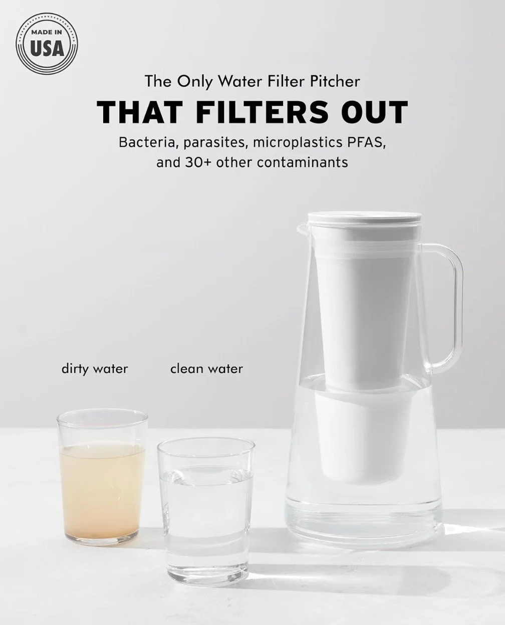 LifeStraw Home Pitcher Glass and Base 7 Cup with Replacement Microfilter Filter for Bacteria, Parasites and 30+ Contaminants