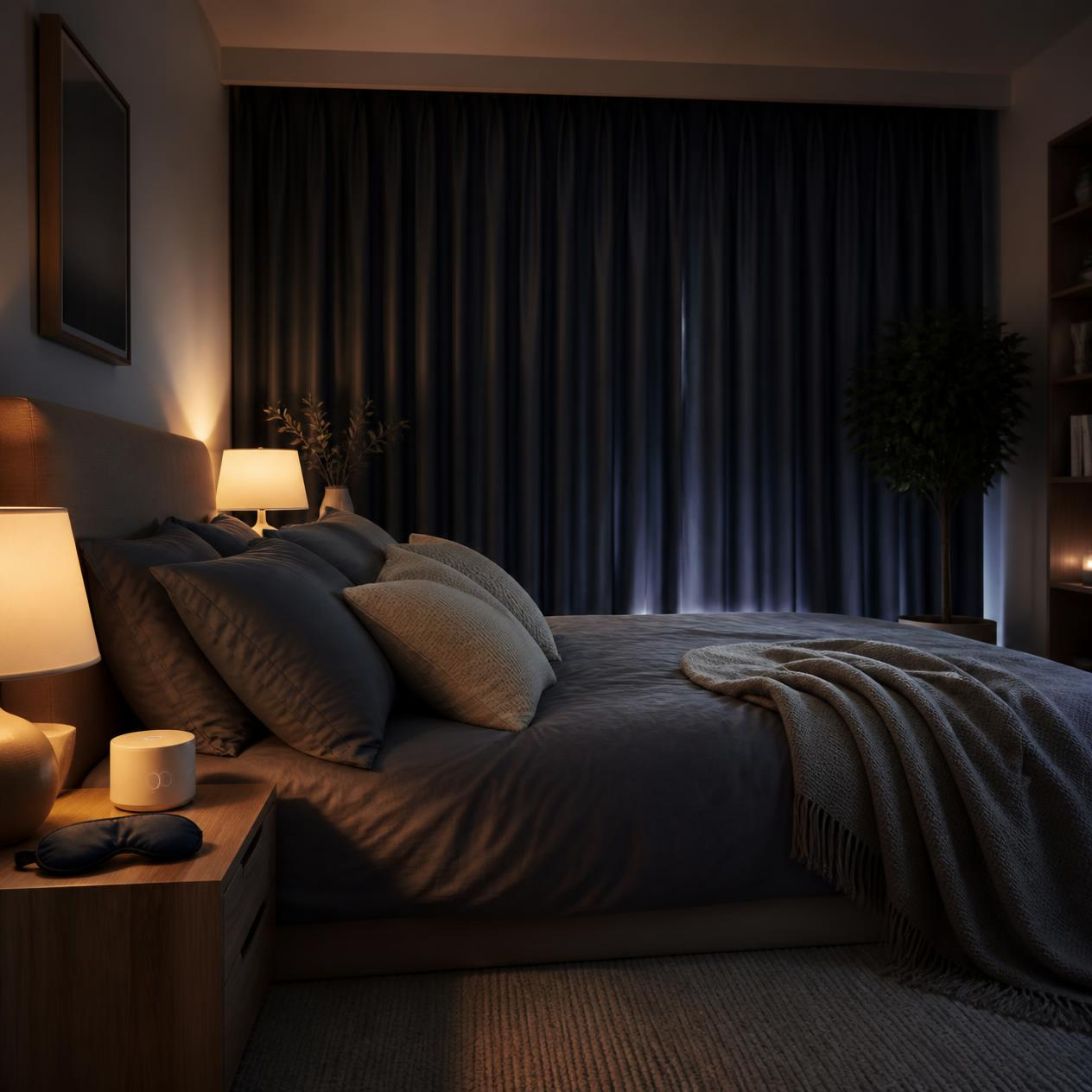 Bedroom with blackout curtains creating a darker nighttime sleep environment