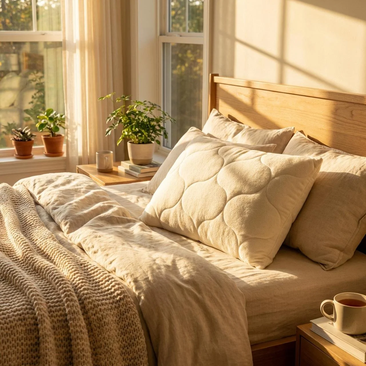 Cozy comfortable bedroom with soft bedding and natural light