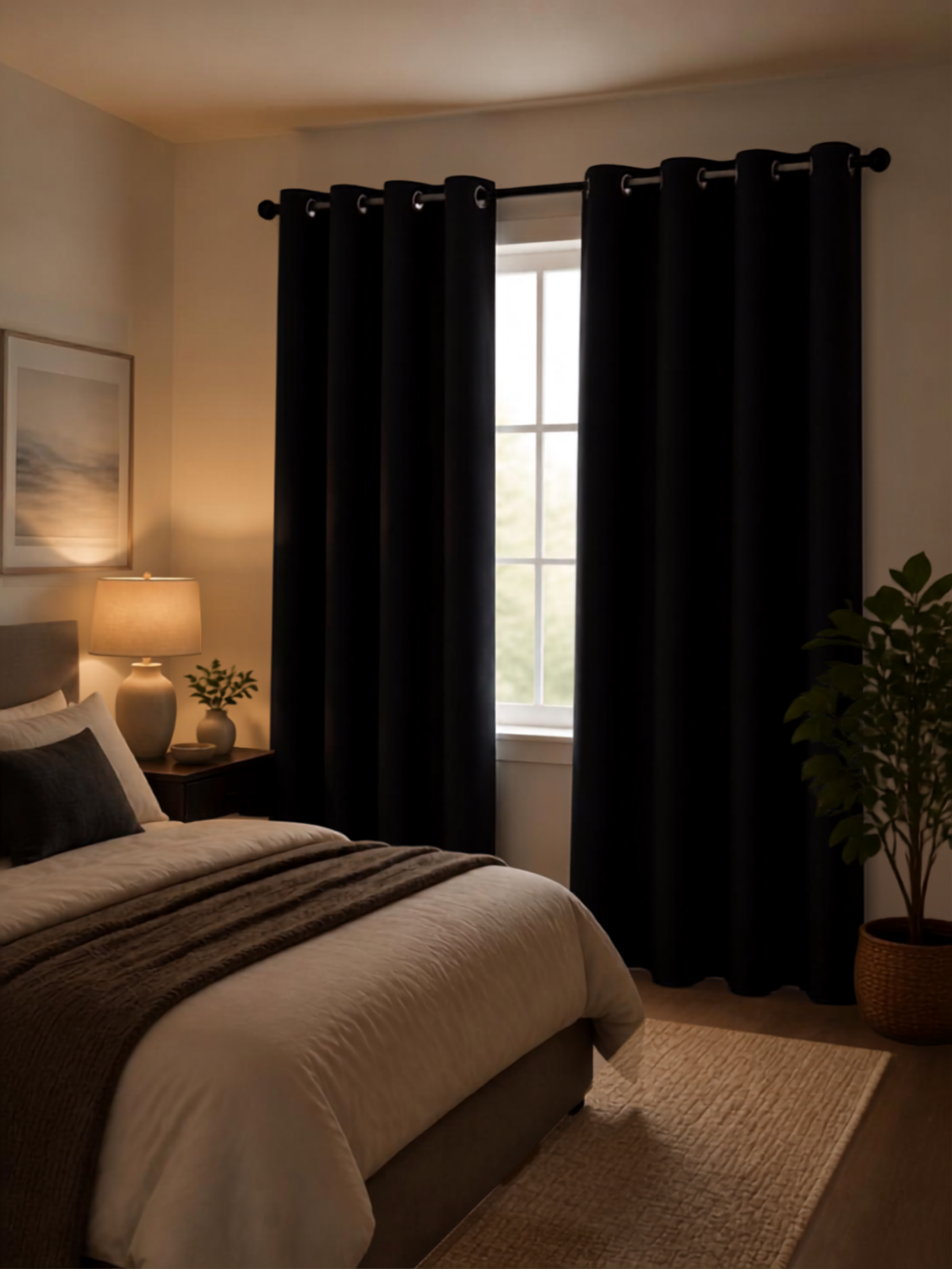 Clean cozy bedroom with back out curtains.