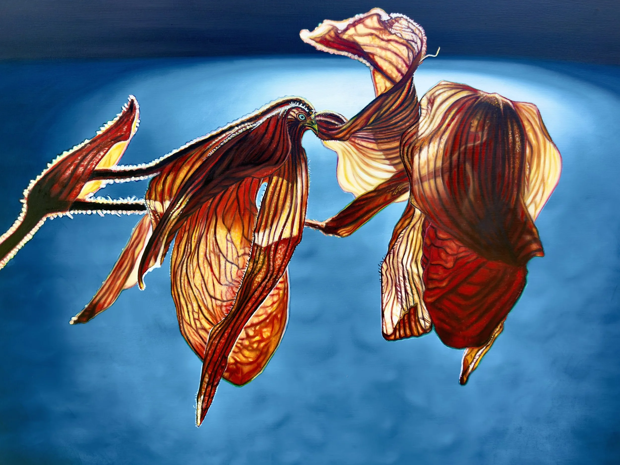 All Life Is One, oil on wood panel, 40" x 30" (wilting of a double Paphiopedilum bloom)