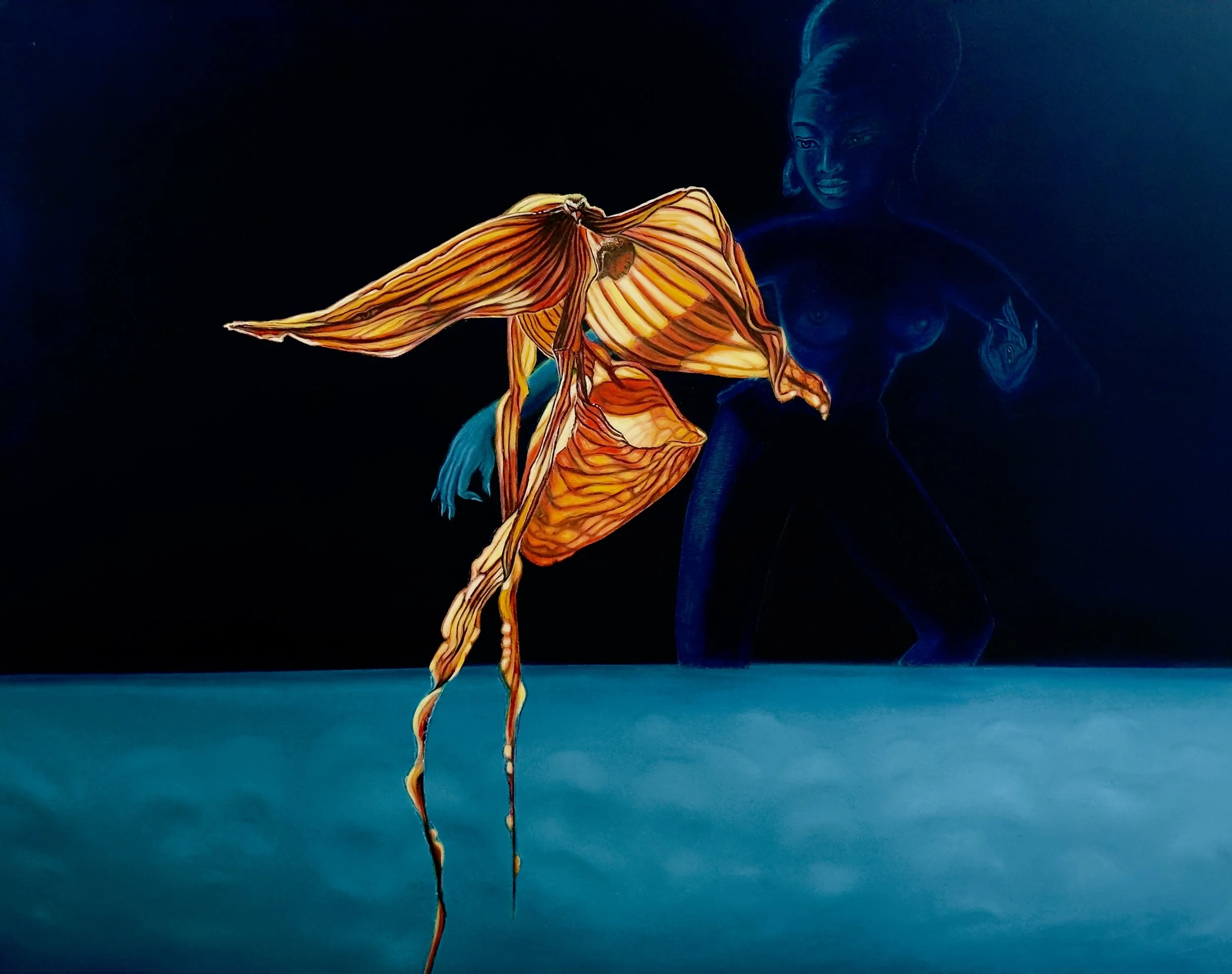 Like A Dance, oil on wood panel, 40" x 30" (wilting Paphiopedilum blossom)