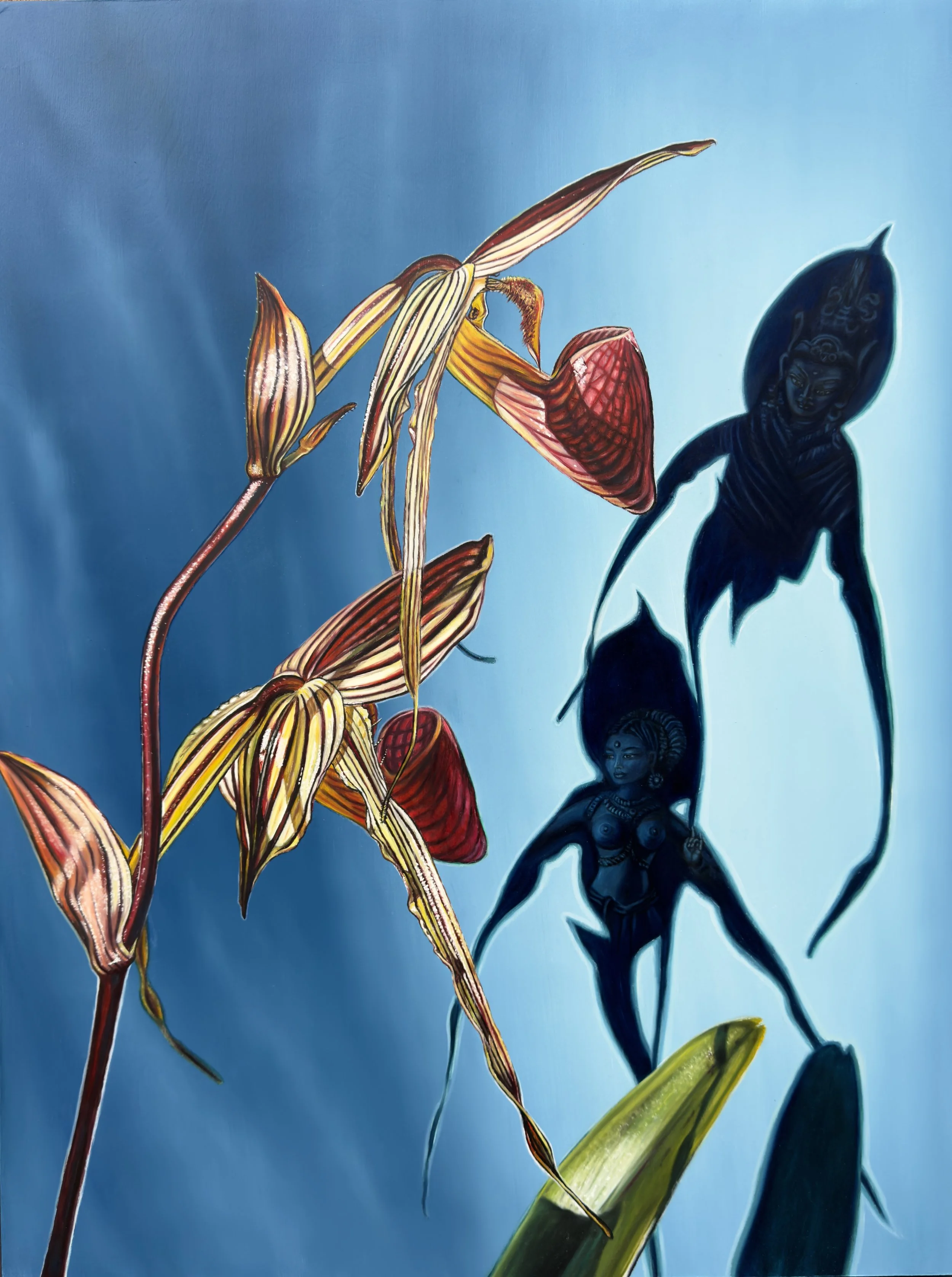 A Quiet Conversation IV, oil on wood panel, 40" x 30" (Paphiopedilum orchid)