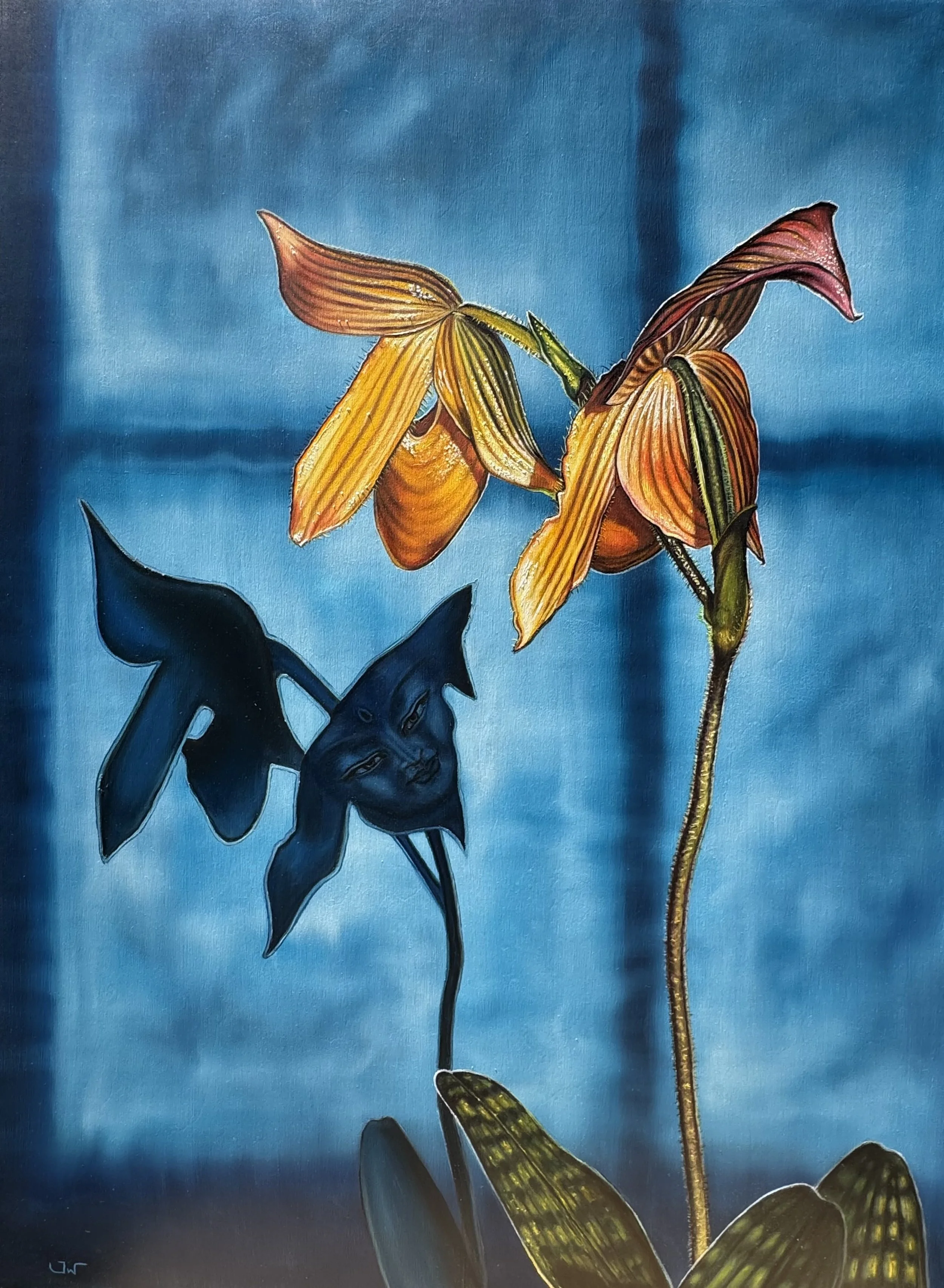 A Quiet Converstion II, oil on birch wood, 40 x 30 inches (double paphiopedilum orchid)