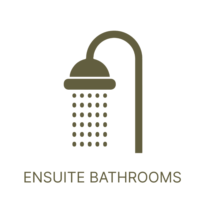 Icon of a showerhead with water droplets and the words "Ensuite Bathrooms" below.