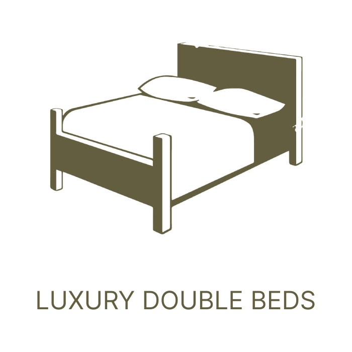 Illustration of a luxury double bed with two pillows and a headboard, accompanied by the text "Luxury Double Beds".