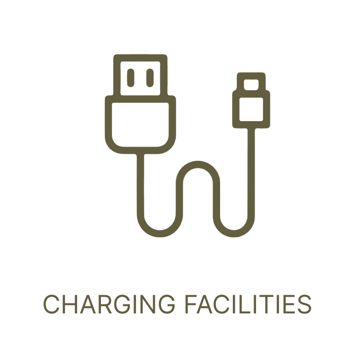 Icon of a power cord with a plug and a charging port, labeled 'Charging Facilities'.