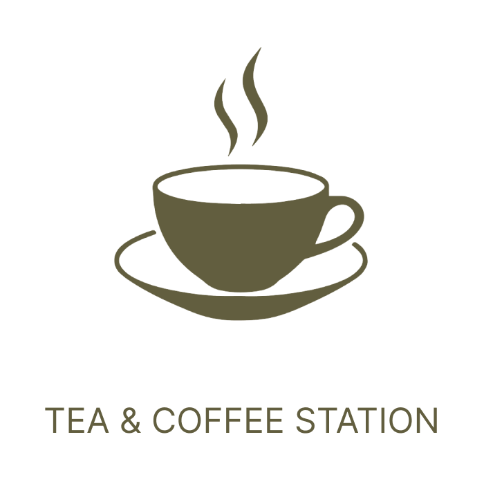 Stylized illustration of a steaming cup of coffee or tea on a saucer, with the text 'Tea & Coffee Station' below.
