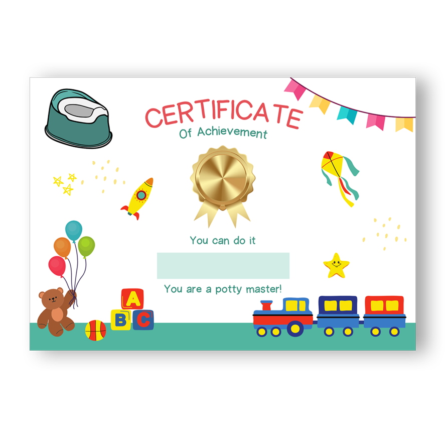 Potty training certificate with train, teddy and balloons to motivate children with potty training.