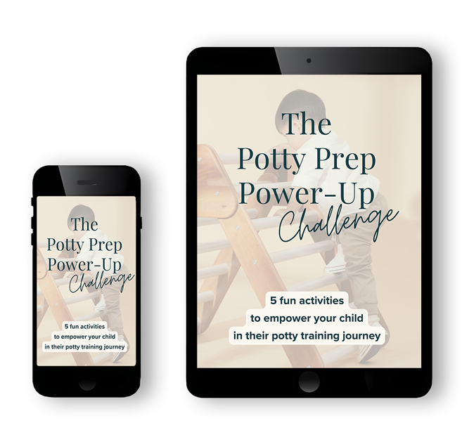 A phone and tablet screen showing 'The Potty Training Power-Up Challenge' front cover.