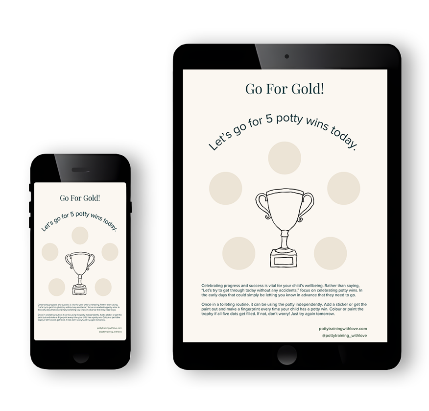 'Go For Gold' daily progress potty training sticker chart to print with 5 empty spaces surrounding a trophy.