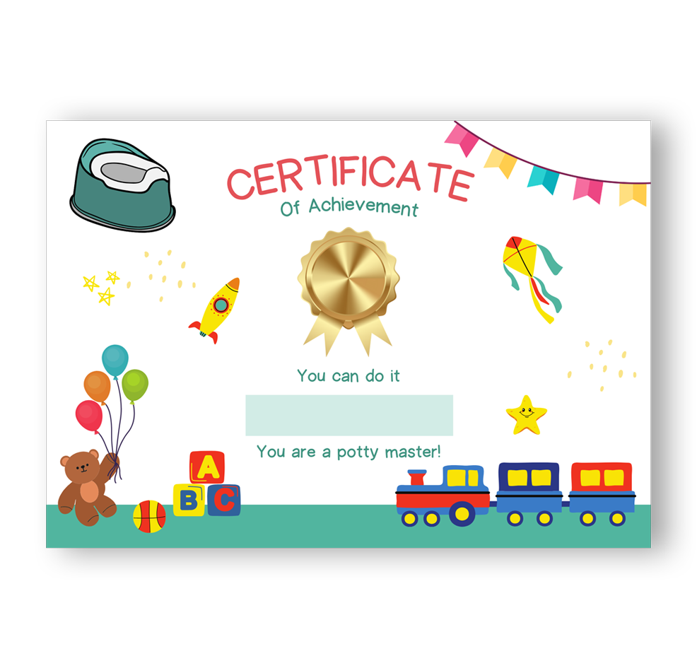 Balloon and train potty training certificate of achievement with and space to write child's name.