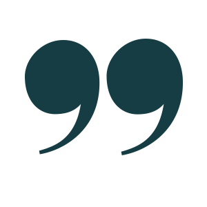 A large close quotation mark icon in dark turquoise color.