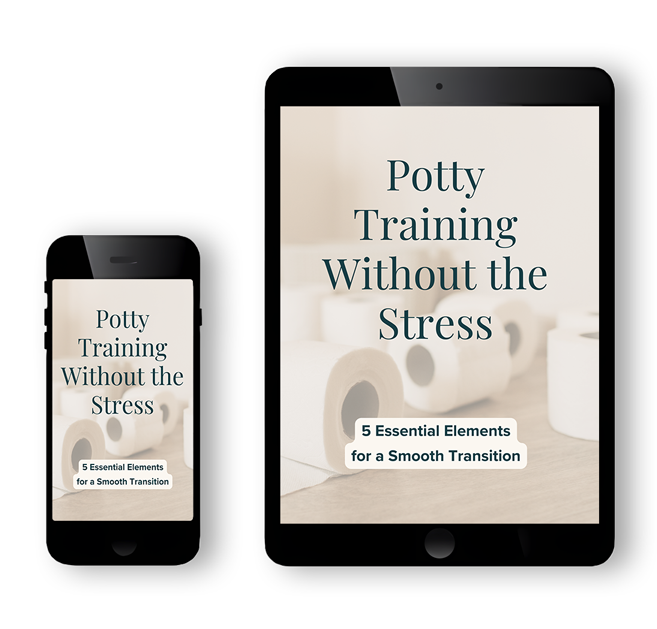 A phone and tablet screen showing 'Potty Training Without The Stress' front cover for Montessori potty training.