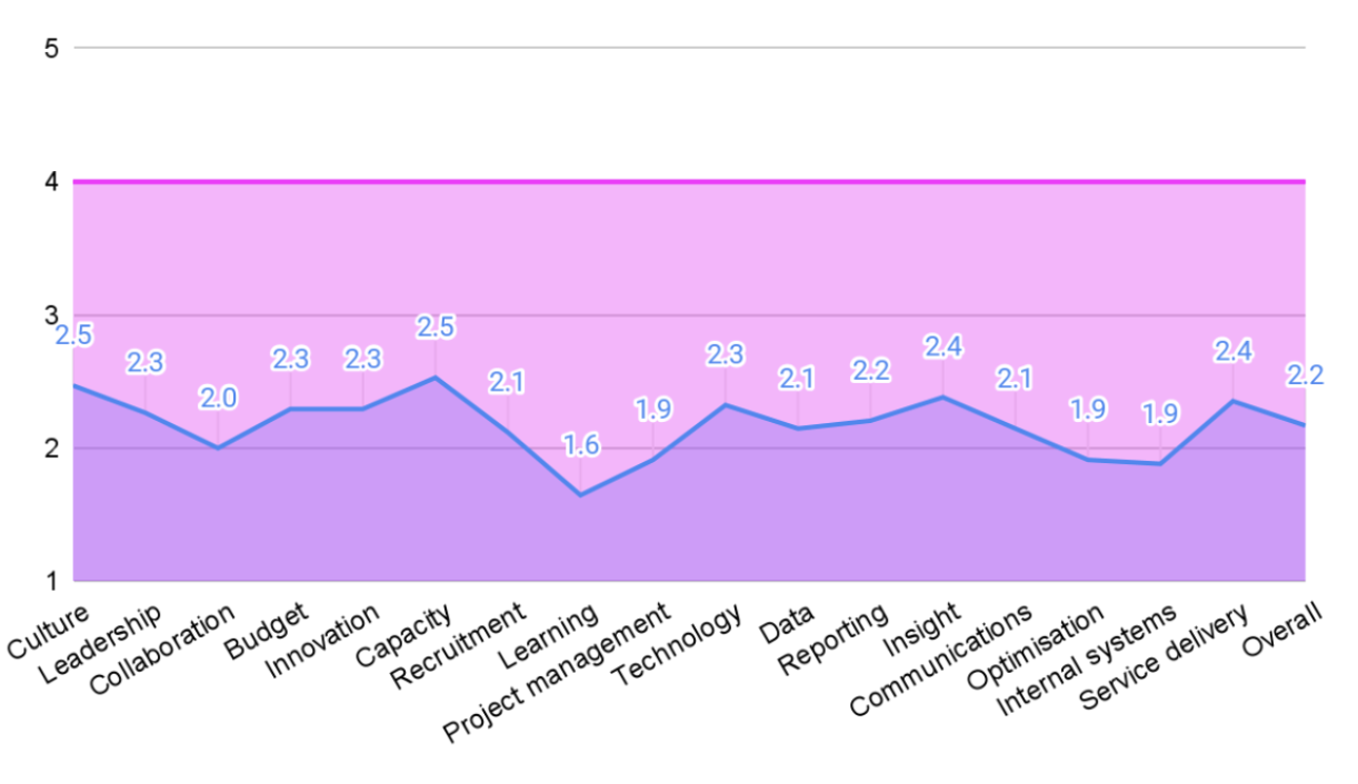 Chart showing a snapshot of the different maturity scores across different areas for one major UK health charity