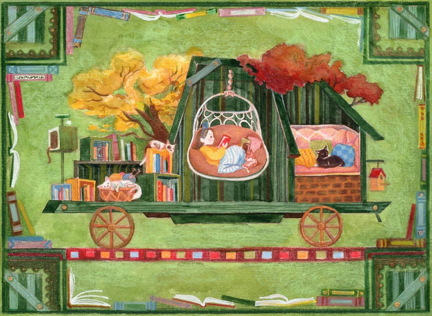 The Train Calendar series is back after missing the last two🙈 and the fall theme was the one I was most looking forward to working on! (I still have the roughs so I’ll post the finals next year 🙏) 
This is my dream train—a tree library