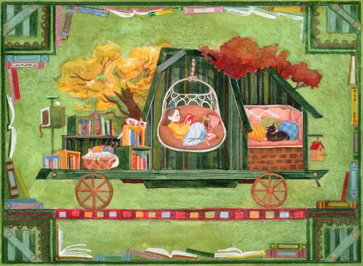 The Train Calendar series is back after missing the last two🙈 and the fall theme was the one I was most looking forward to working on! (I still have the roughs so I&rsquo;ll post the finals next year 🙏) 

This is my dream train&mdash;a tree library