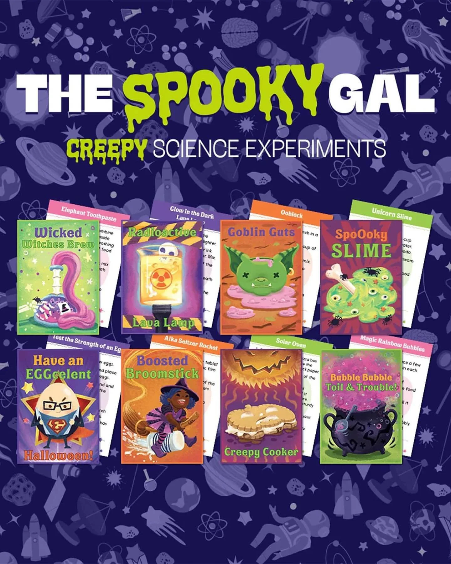 When @thespacegal comes up with a brilliant idea to make a set of spooky-science-experiment-themed Halloween cards, you do it! 
This might be the scariest thing I’ve ever drawn for kids—how do I show “goblin gut” without maki