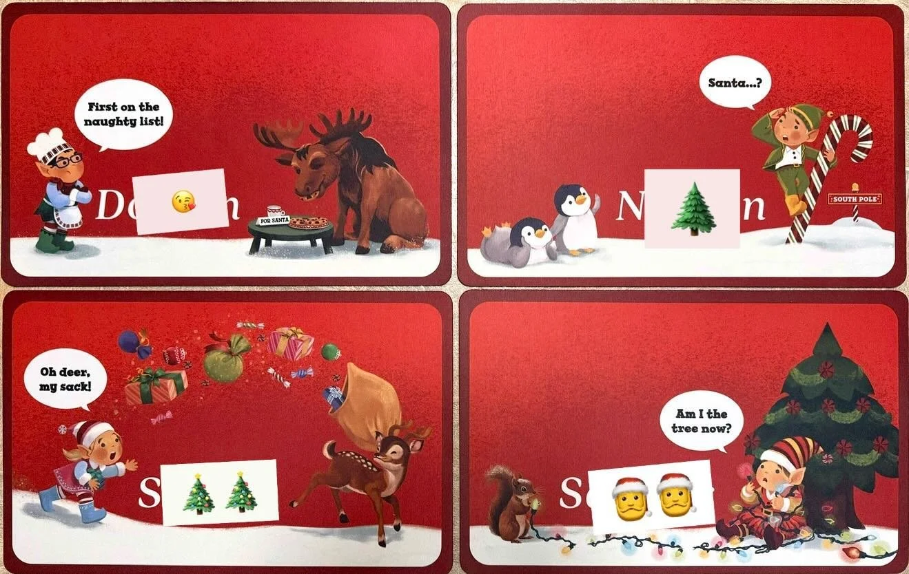 Excited to share a special set of illustrated placemats made for my dear friend @sara.supe&rsquo;s family 💛 Each one features their little ones as elves in trouble, under the theme &ldquo;Elves in a Tangle&rdquo; (note: I&rsquo;ve covered their name