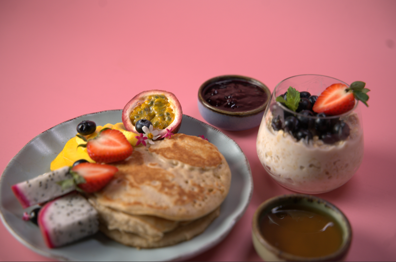new overnight oats, with house jams or gluten-free pancake to start your day