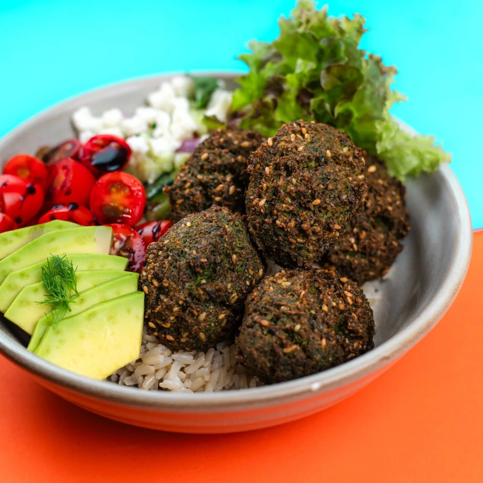 Housemade falafel poke bowl. Best falafel in chiang mai with greek salad and feta cheese