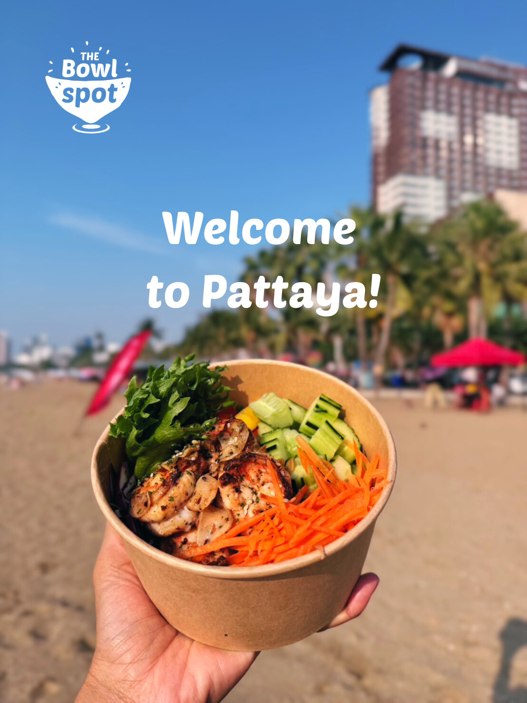 healthy poke bowl from The Bowl Spot on Pattaya beach, fresh seafood bowl with ocean view in Thailand.