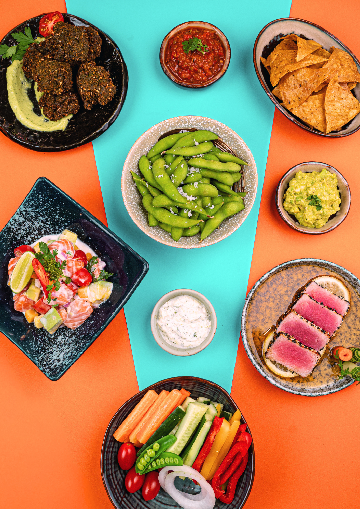 apetizers and small bites, best falafel in chiang mai, house tzatziki, salmon ceviche, tuna tataki, edamame, guacamole