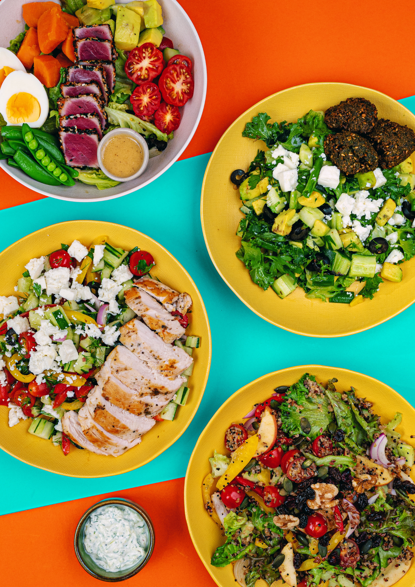 Best salads at the bowl spot: Greek salad, house tzatziki, Nuts salad and quinoa, Falafel, Salade nicoise
