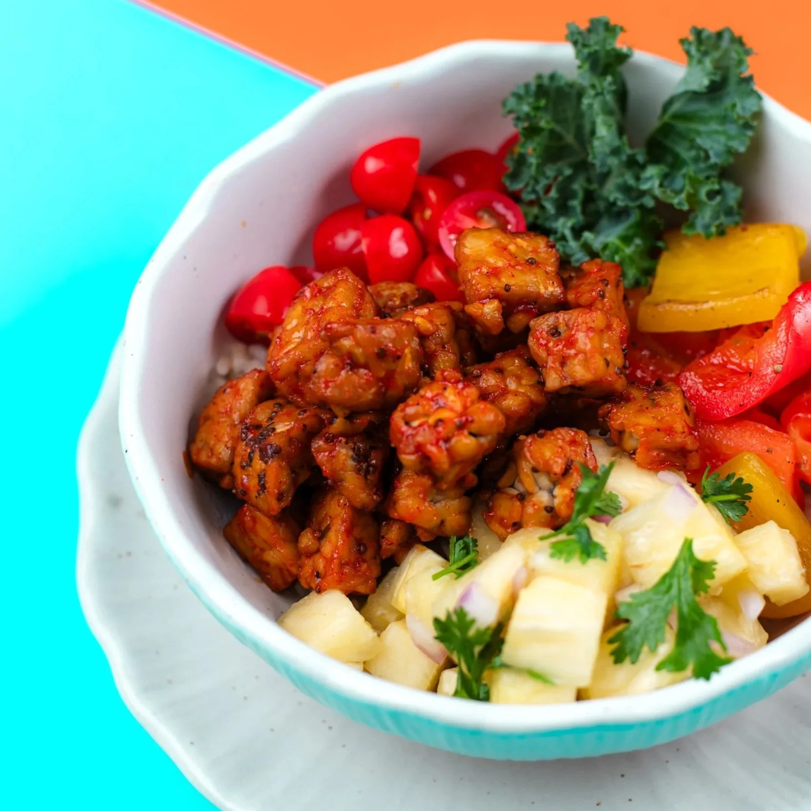 Newest Vegan poke bowl in our spot. Tempeh with house BBQ sauce and pineapple salsa.