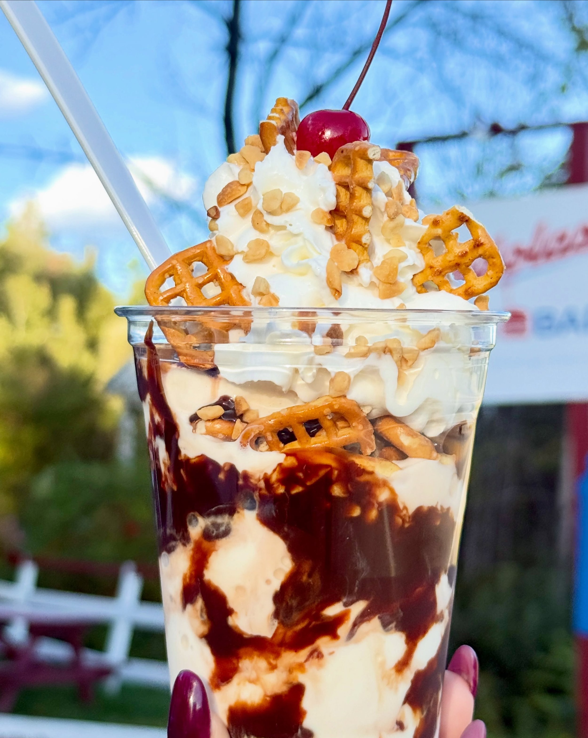 New Salty Sweet Sundae! 🥨🍦

Hot Fudge, Creemee (any flavor), Peanuts + Pretzels, Whipped Cream &amp; Cherry! 

Saturday + Sunday 11:30AM-8PM

#Gondolas