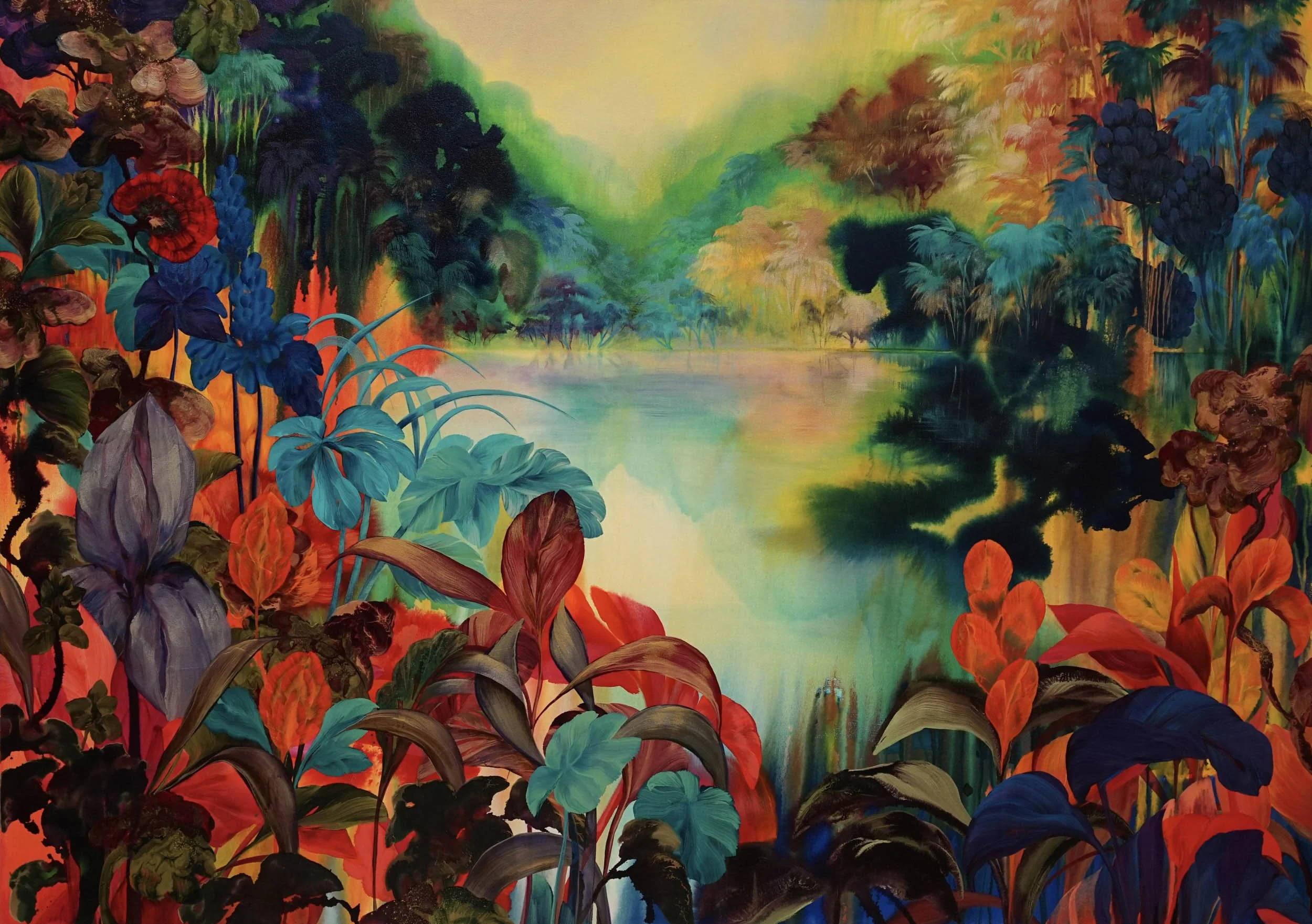 Orlanda Broom's painting depicting swamp land as referenced in title Bayou, flooded plane, surrounded by lush, floral elements and mountains on the horizon.