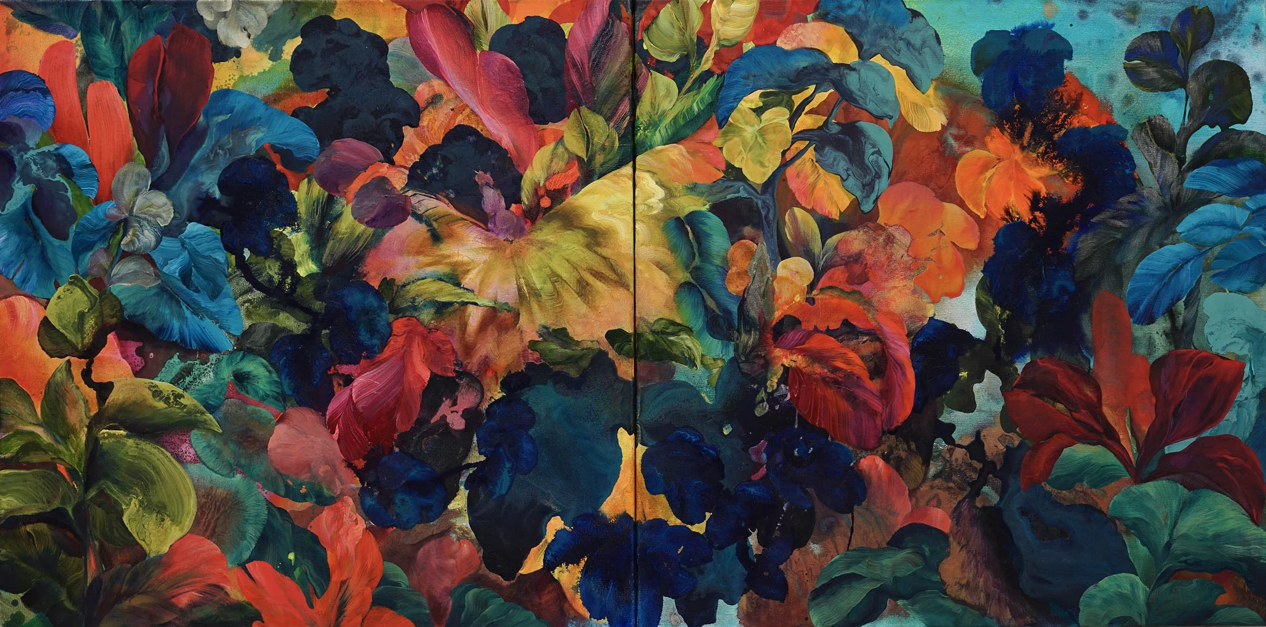 Floral, landscape painting by artist Orlanda Broom in diptych format, acrylic on canvas, lush flora, saturated palette, painterly style.