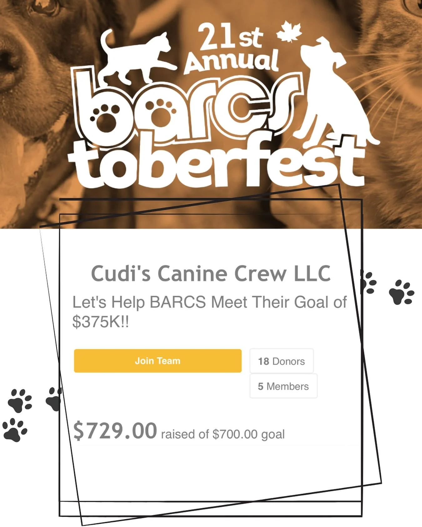 BARCStoberfest is this Saturday and I am blown away with all the support! Cudi&rsquo;s Crew has exceeded our fundraising goal again this year and I can&rsquo;t thank you all enough 😊. Let&rsquo;s keep it going all week!! 🎉

Interested in joining ou