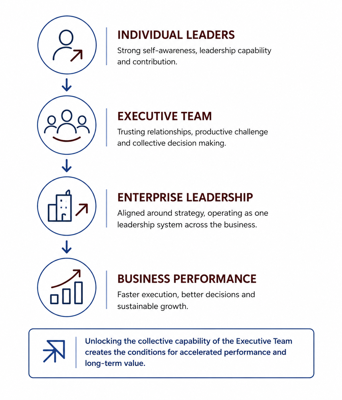 Flow diagram showing how coaching individuals, teams and executive leadership impacts business performance