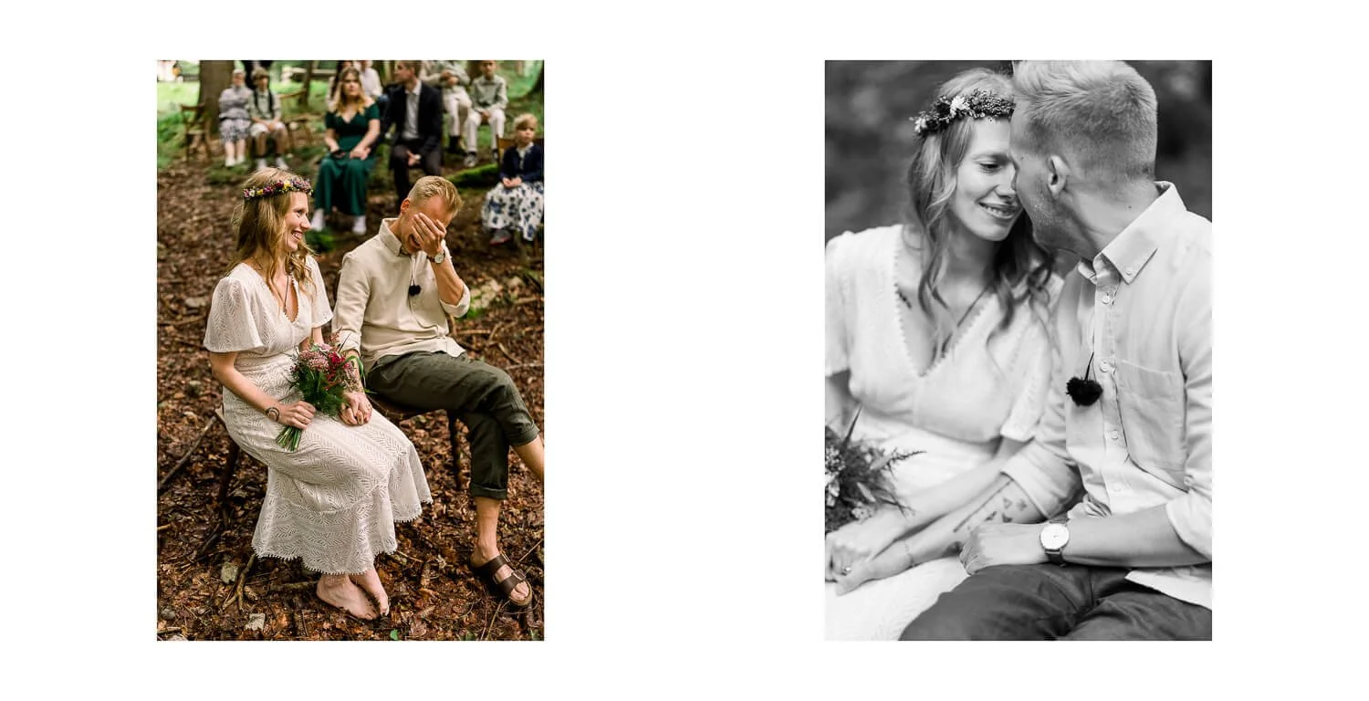 Brautpaar sitzt barfuß bei einer freien Trauung im Wald in Grainau, emotionale Momente