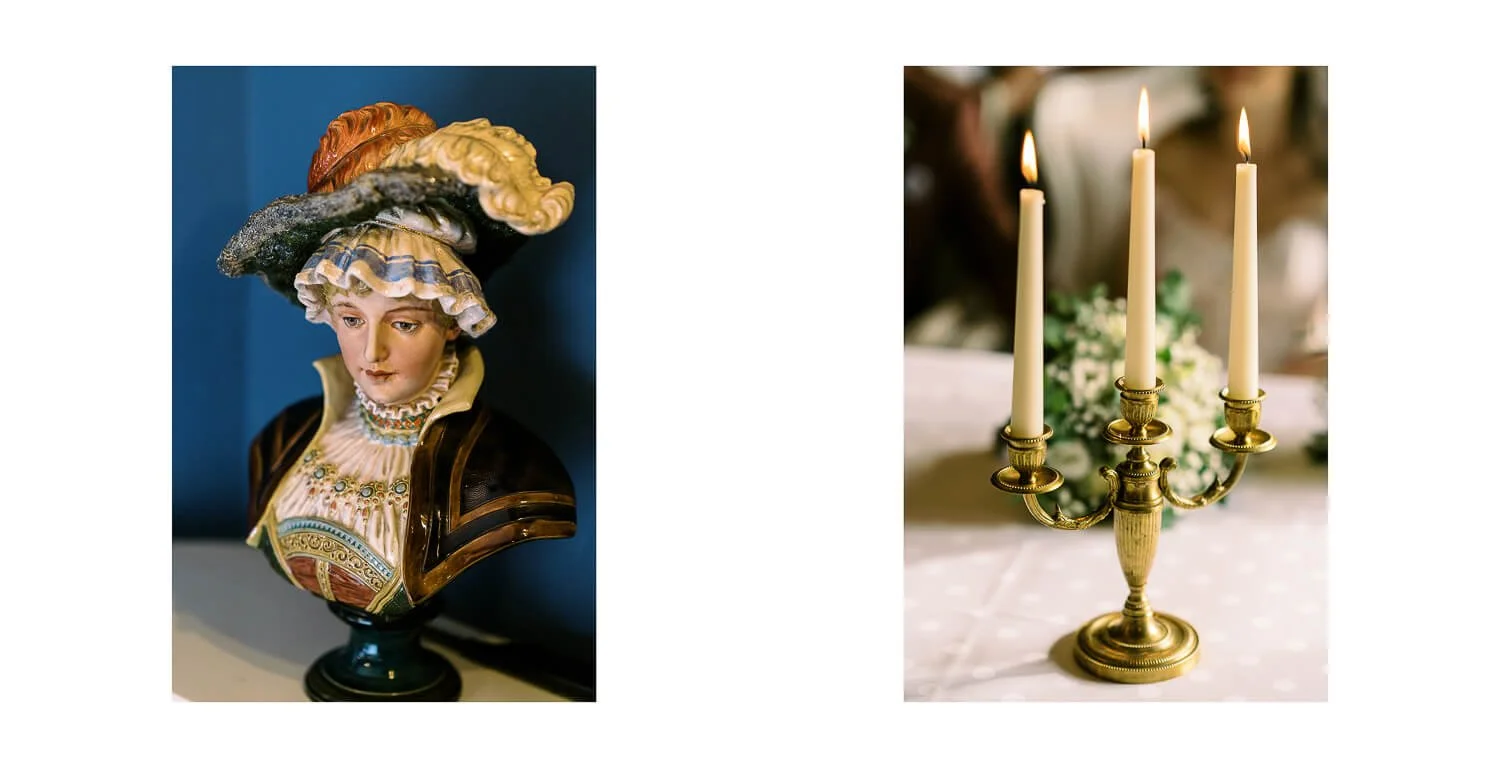 Details im Blauen Saal des Königlichen Jagdhauses in Oberstdorf mit Büste und Kerzenleuchter