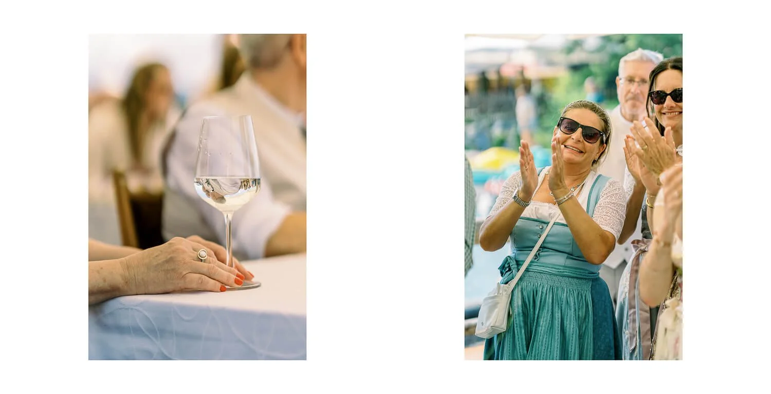Gäste bei einer standesamtlichen Hochzeit auf dem Floß in Lechbruck am See, Applaus und ruhige Details während der Feier
