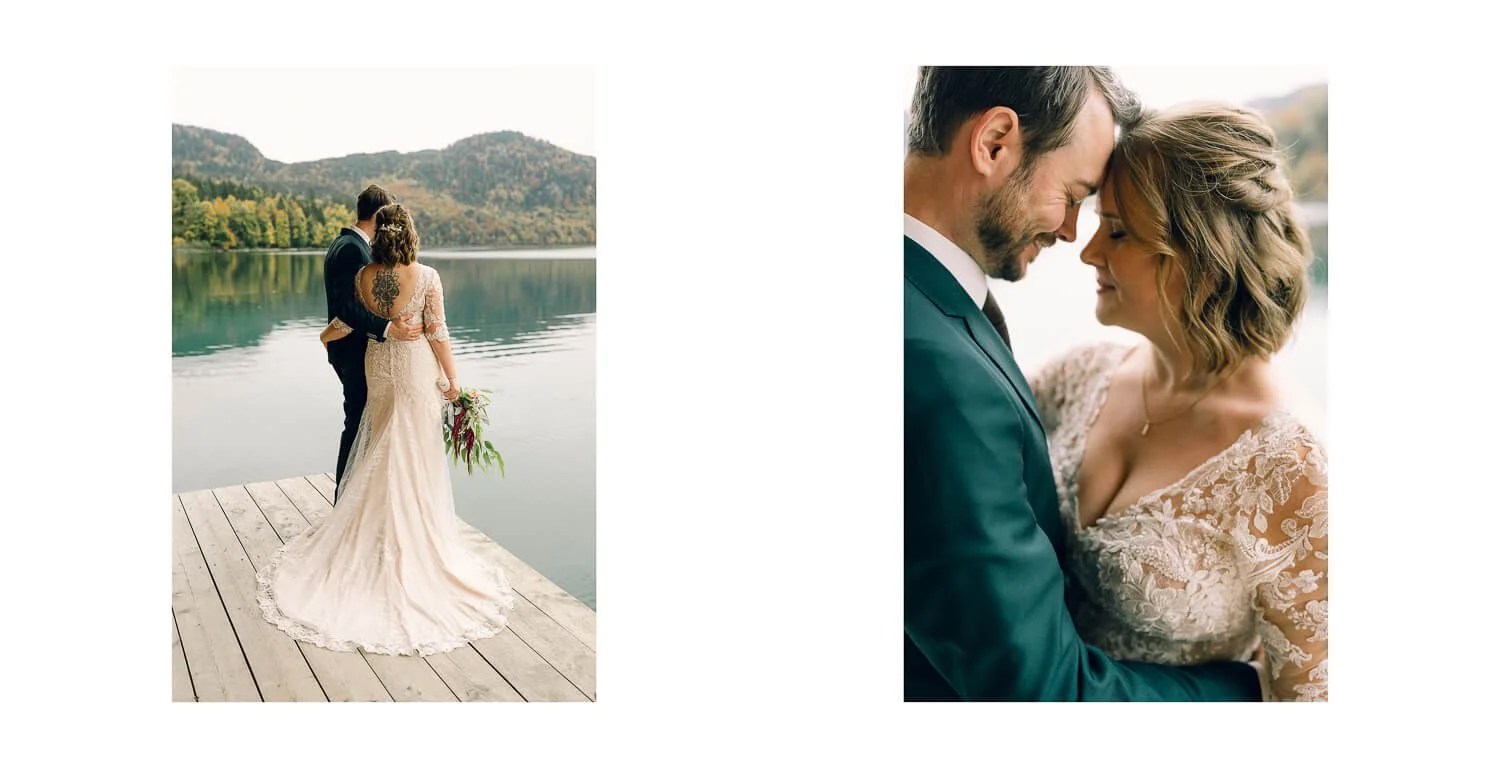 Brautpaar beim Paarshooting am Alpsee bei Schwangau, einmal in weiter Landschaft und einmal in naher, ruhiger Portraitaufnahme