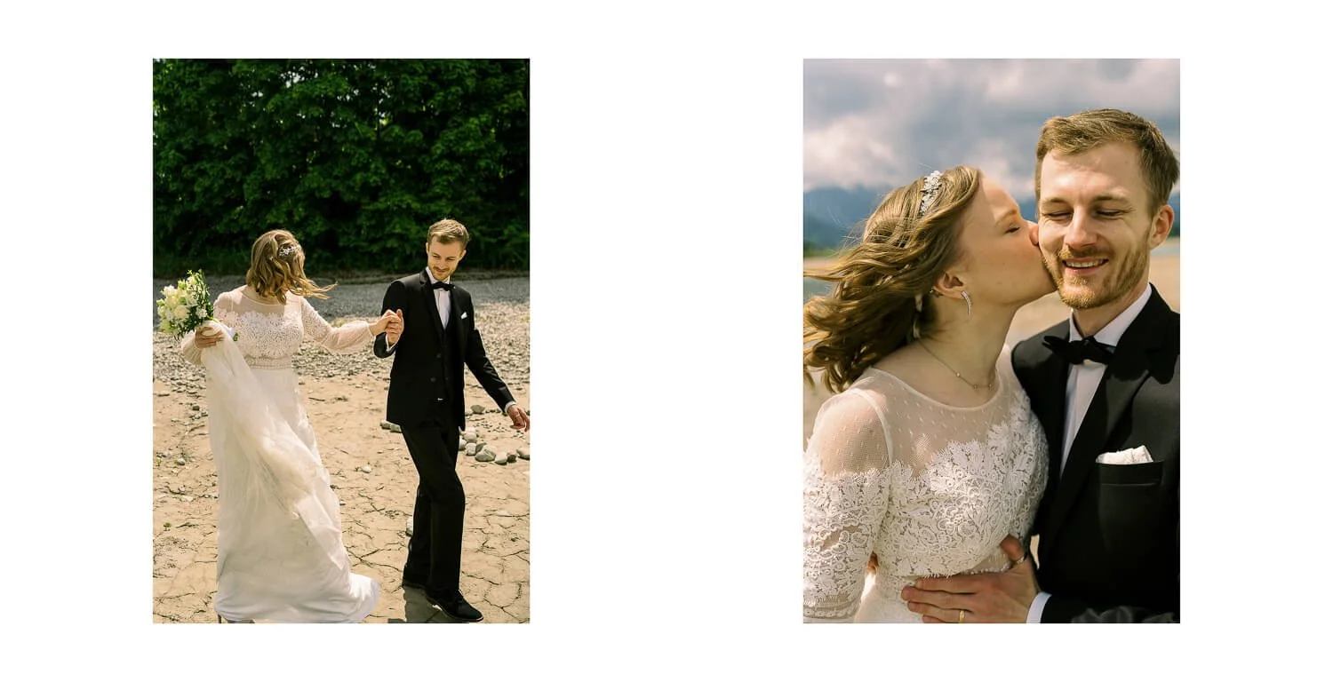 Paarshooting am ausgetrockneten Forggensee bei Füssen, Brautpaar läuft Hand in Hand über den trockenen Seeboden, emotionale Hochzeitsfotos