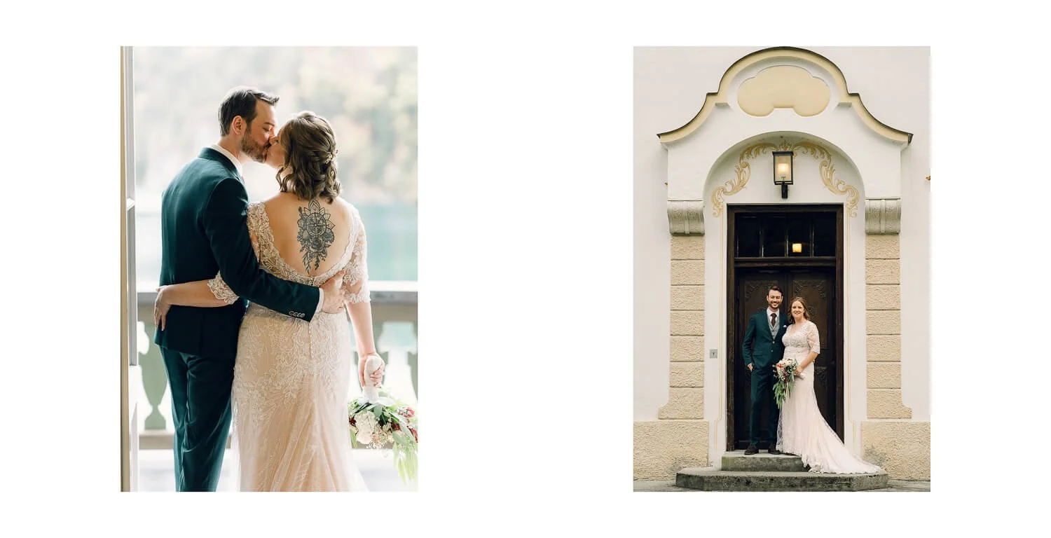 Brautpaar im Ameron Hotel Schwangau, inniger Moment am Fenster mit Blick auf den Alpsee und gemeinsames Portrait im Eingangsbereich des Hotels