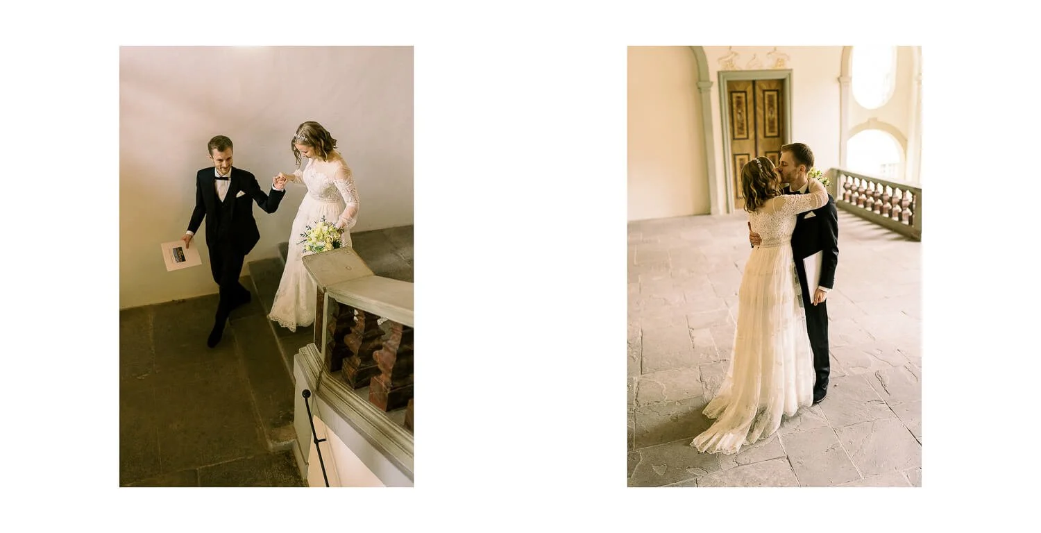 Brautpaar nach der standesamtlichen Trauung im Kloster St. Mang in Füssen – auf der Treppe und im Arkadengang des Kaisersaals